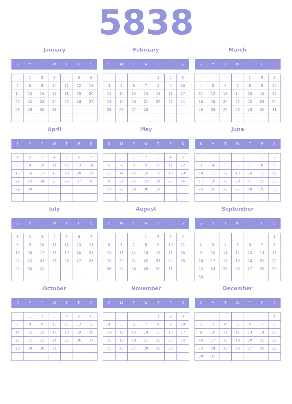 Printable 5838 Year Calendars periwinkle