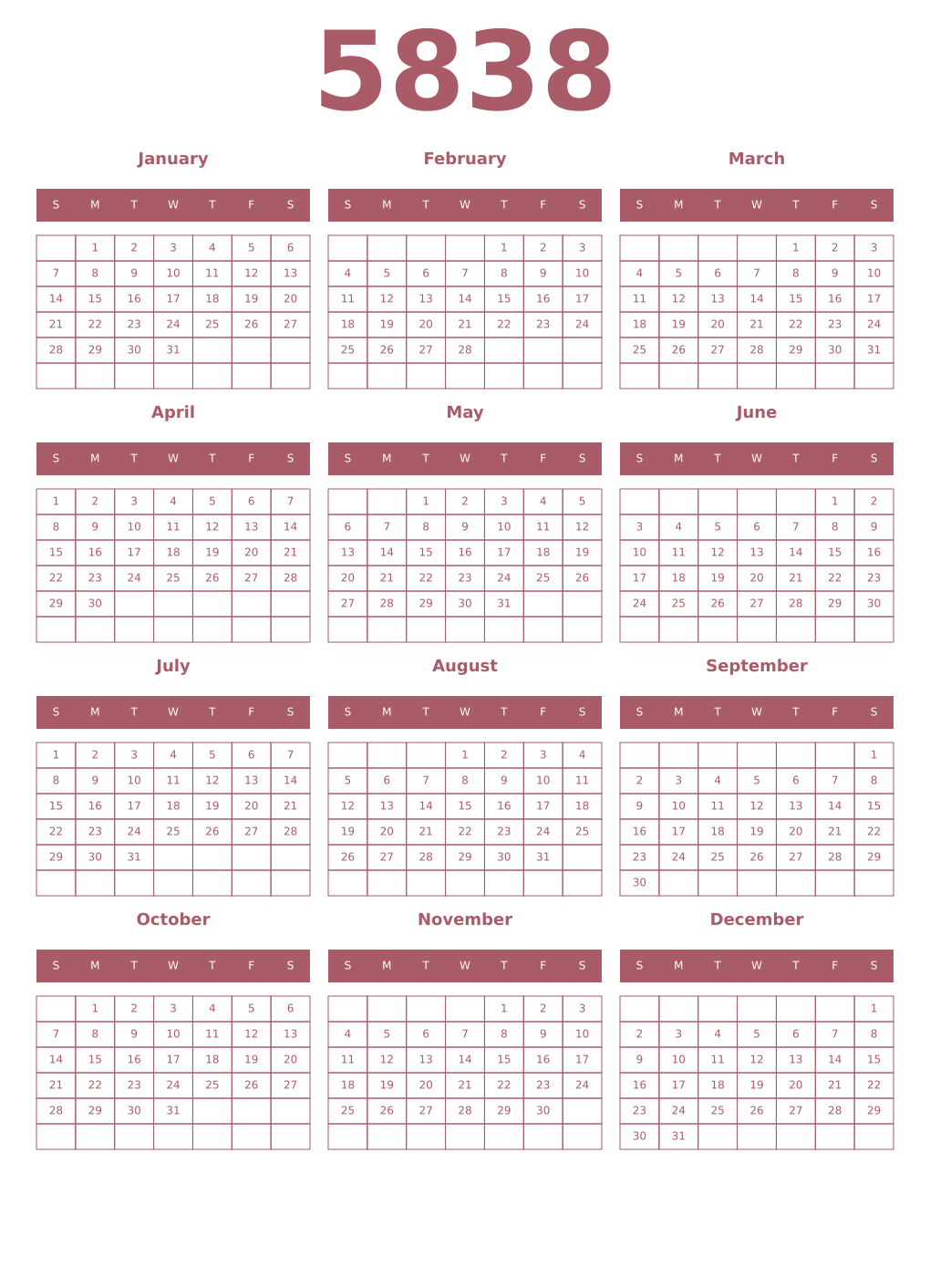 Printable 5838 Year Calendars puce
