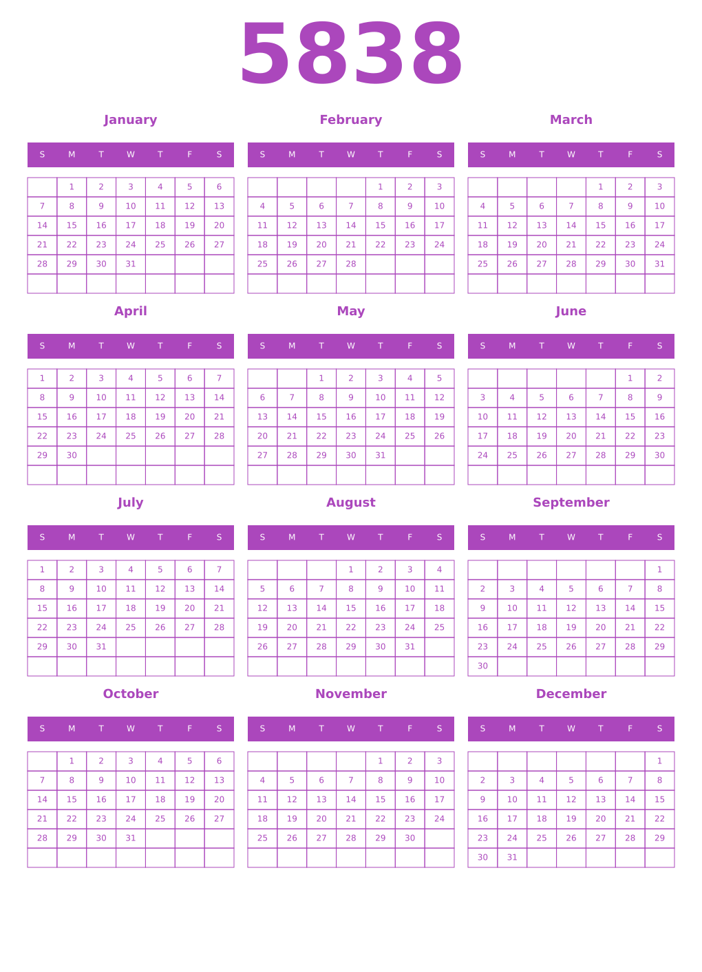 Printable 5838 Year Calendars purple