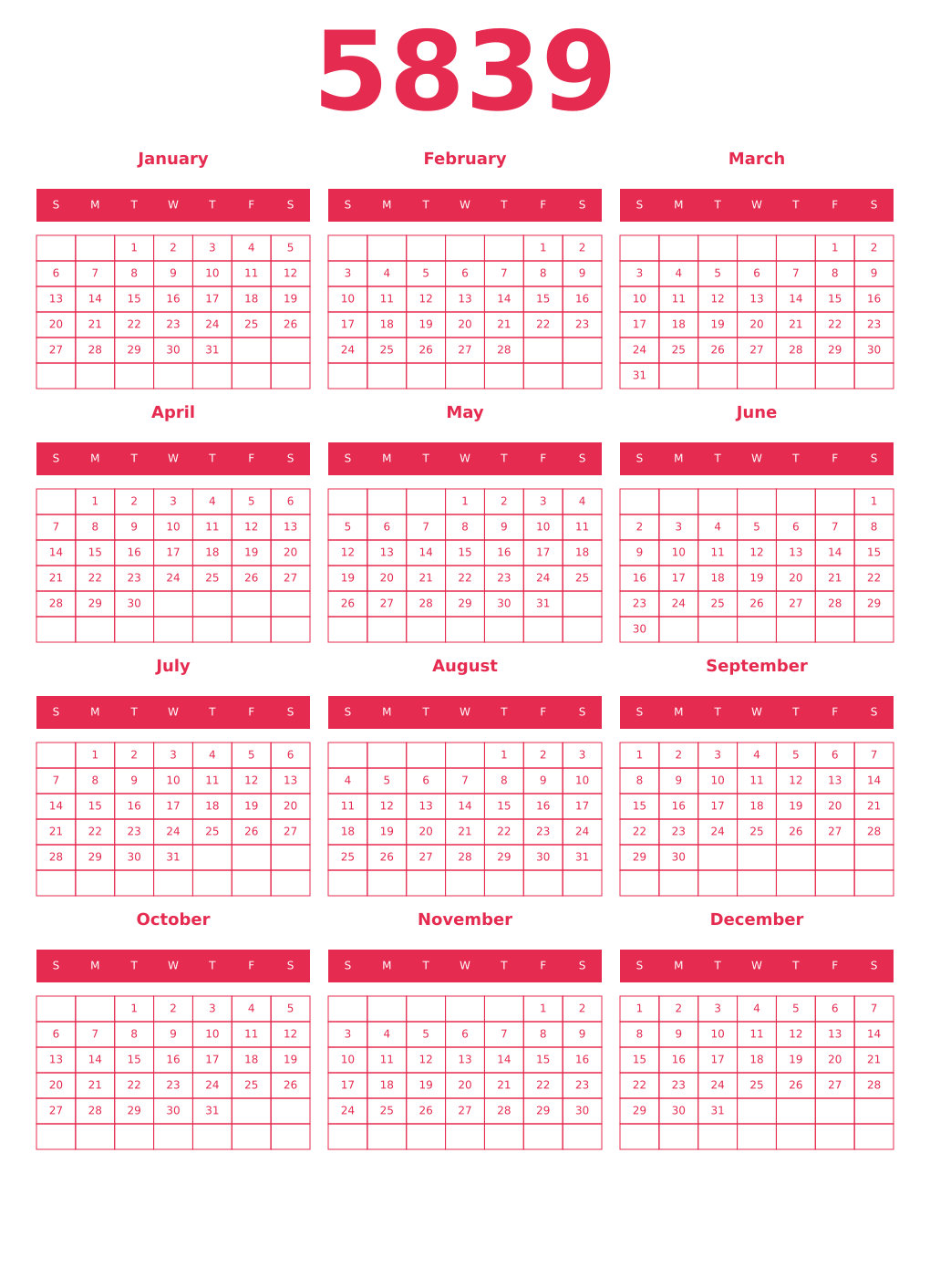 Printable 5839 Year Calendars amaranth