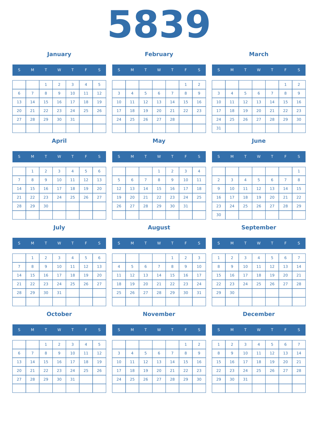 Printable 5839 Year Calendars blue