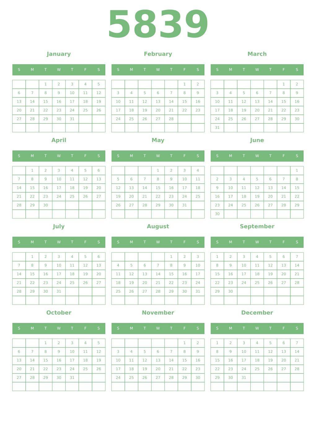 Printable 5839 Year Calendars celadon