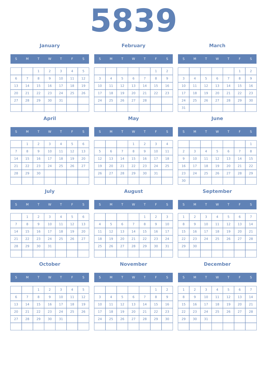 Printable 5839 Year Calendars glaucous