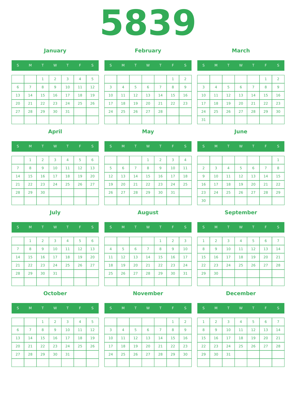 Printable 5839 Year Calendars green