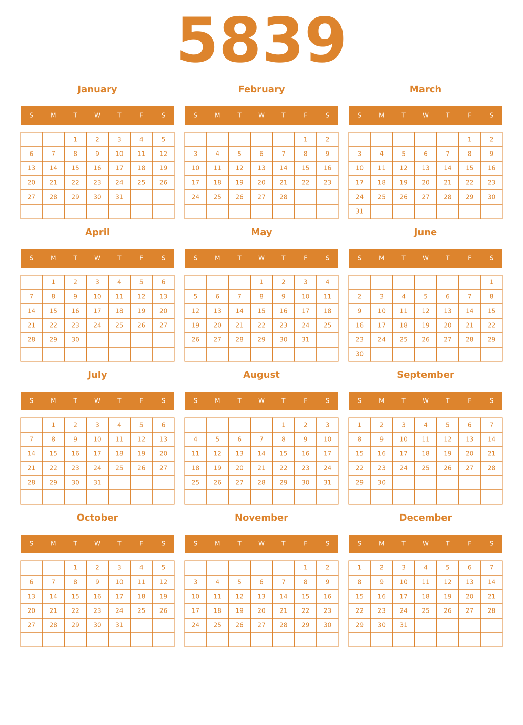 Printable 5839 Year Calendars orange
