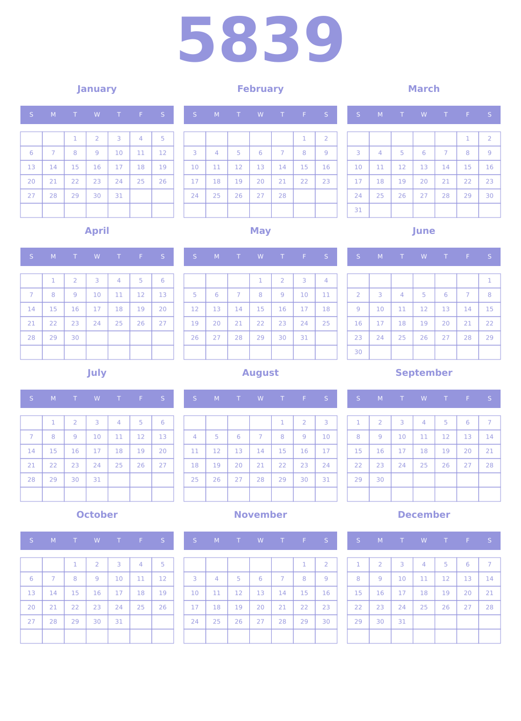 Printable 5839 Year Calendars periwinkle