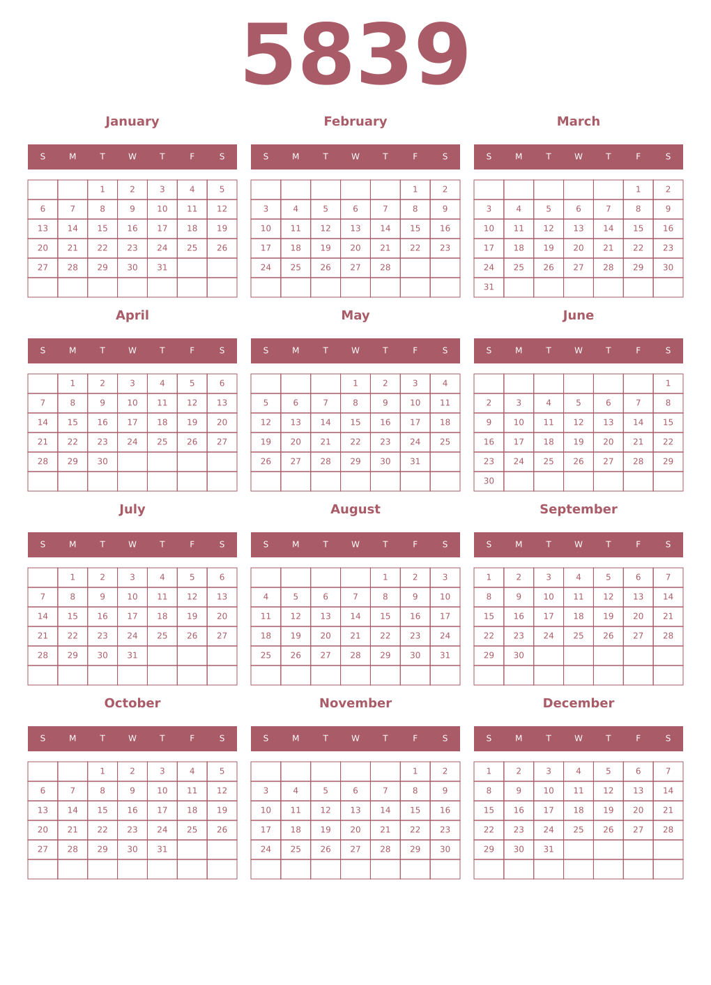 Printable 5839 Year Calendars puce