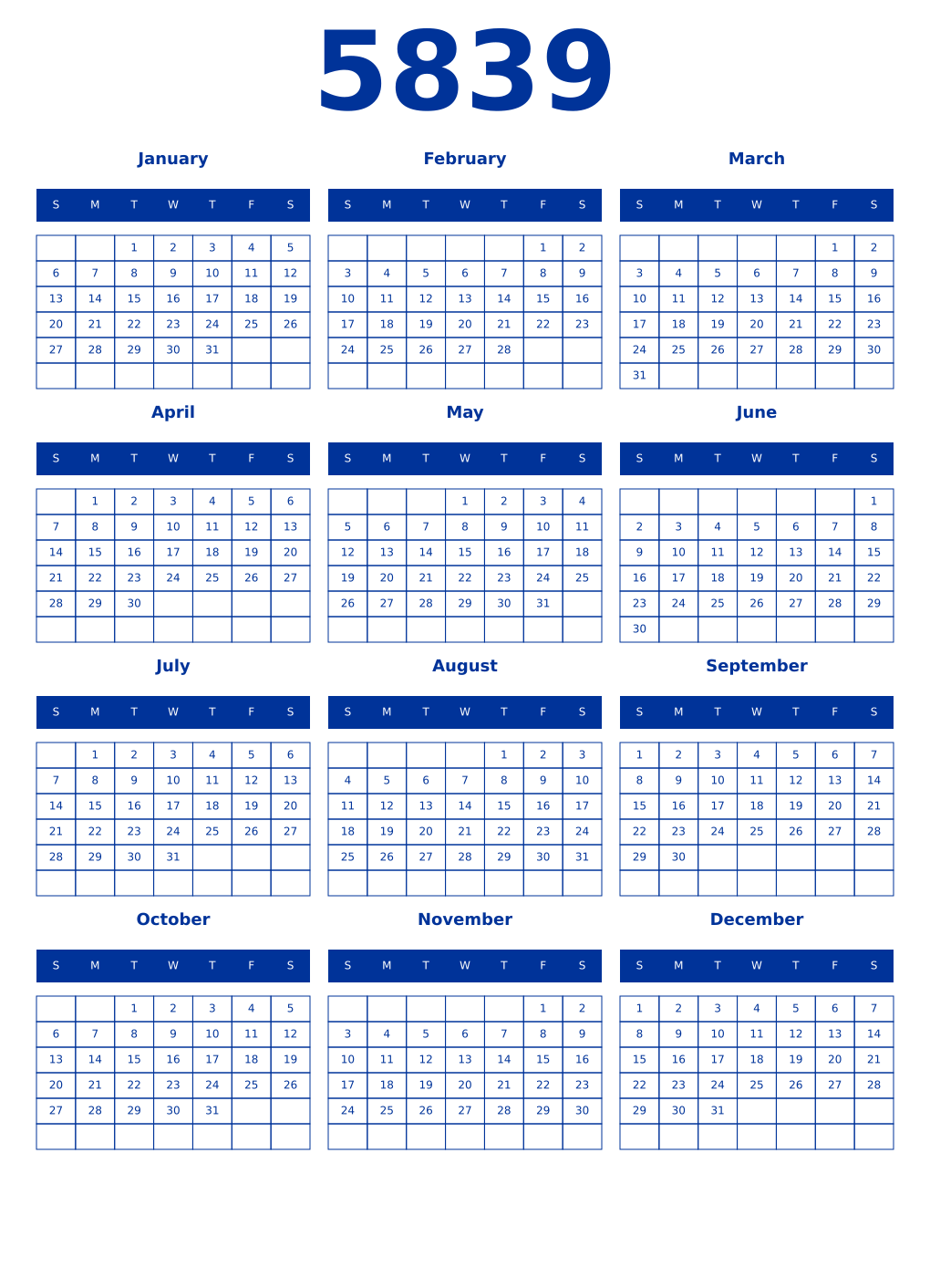 Printable 5839 Year Calendars smalt