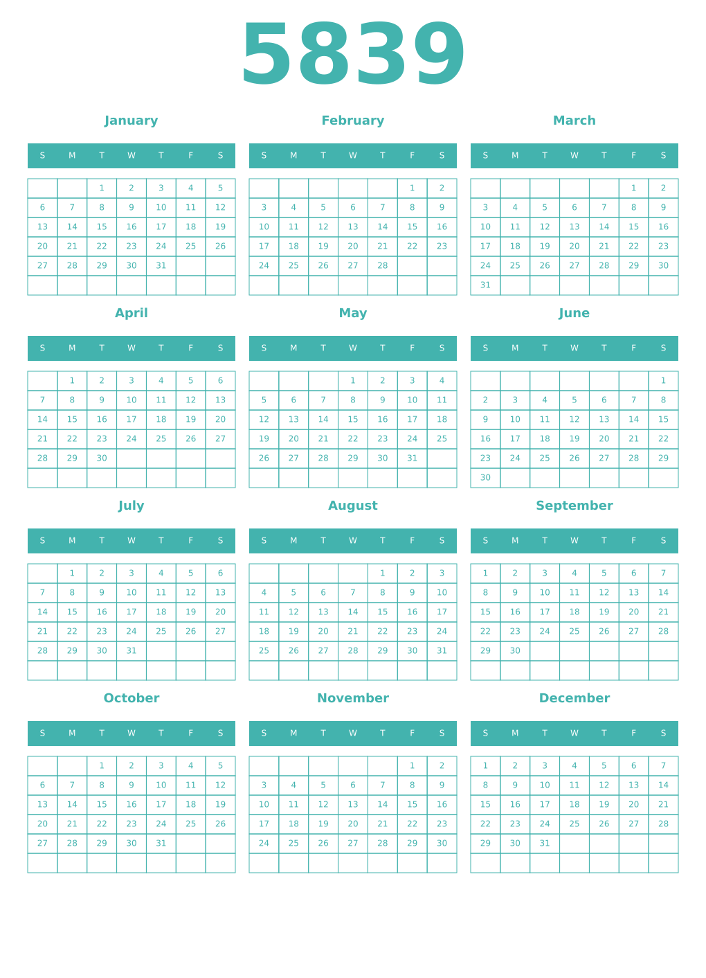 Printable 5839 Year Calendars verdigris