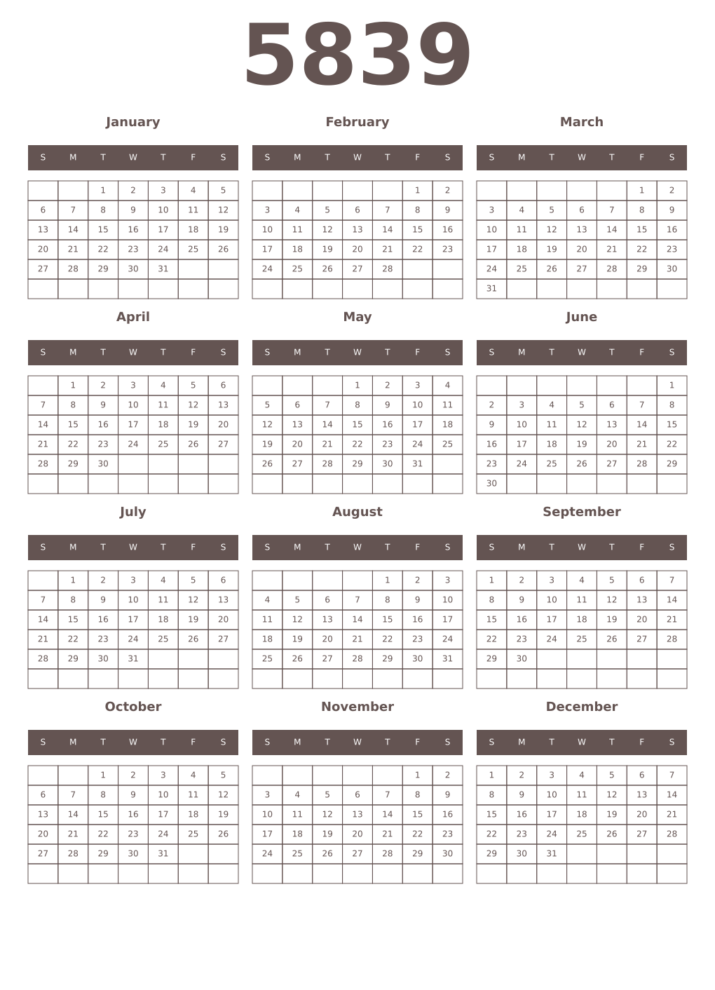 Printable 5839 Year Calendars wenge