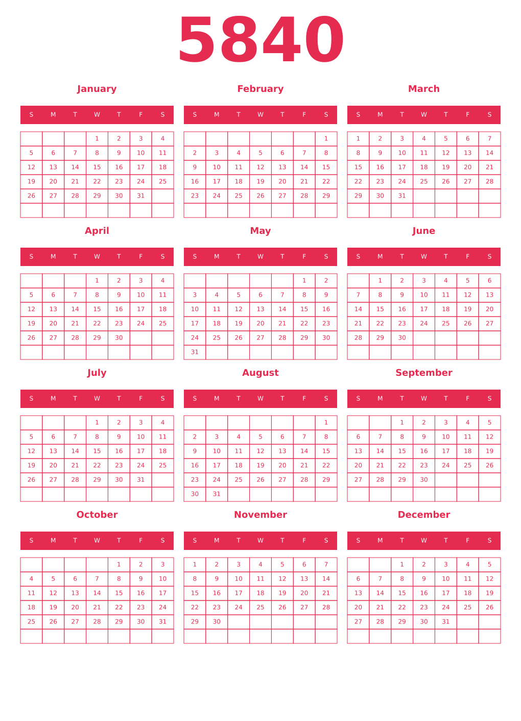 Printable 5840 Year Calendars amaranth