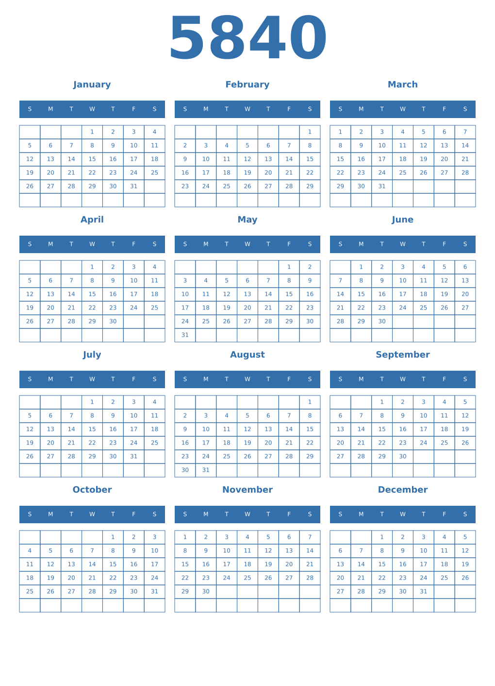 Printable 5840 Year Calendars blue