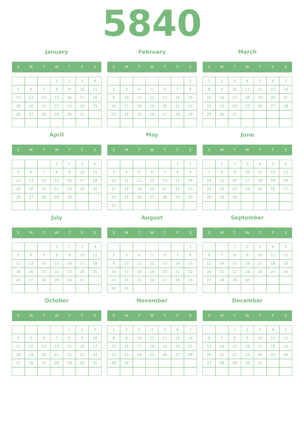 Printable 5840 Year Calendars celadon