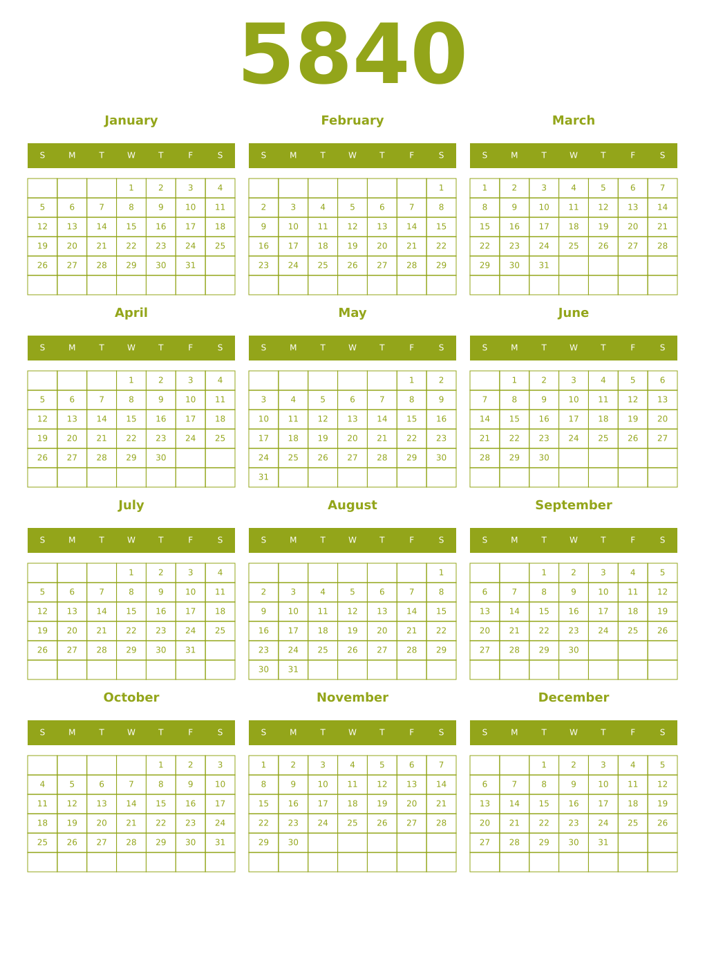 Printable 5840 Year Calendars chartreuse