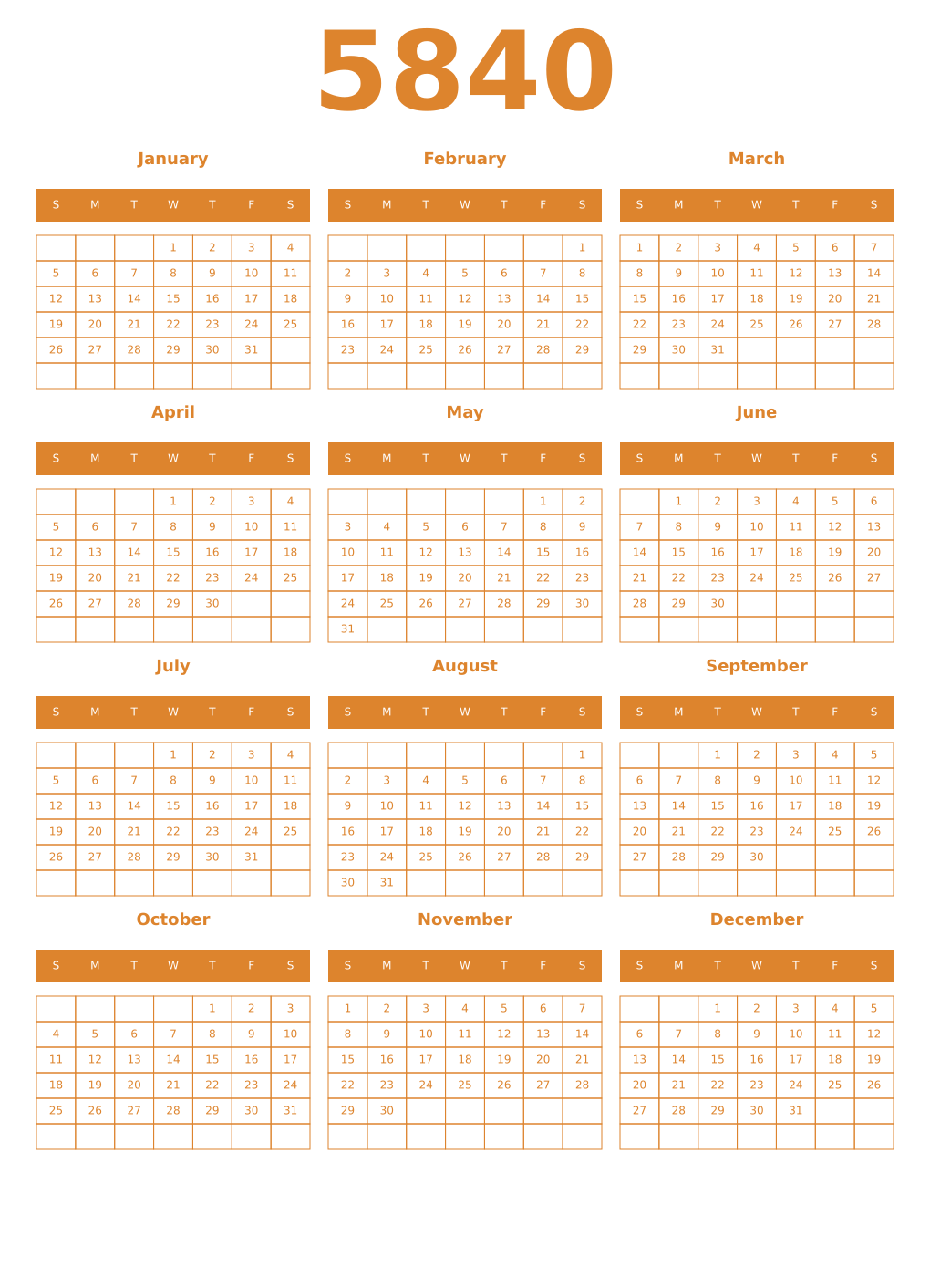 Printable 5840 Year Calendars orange