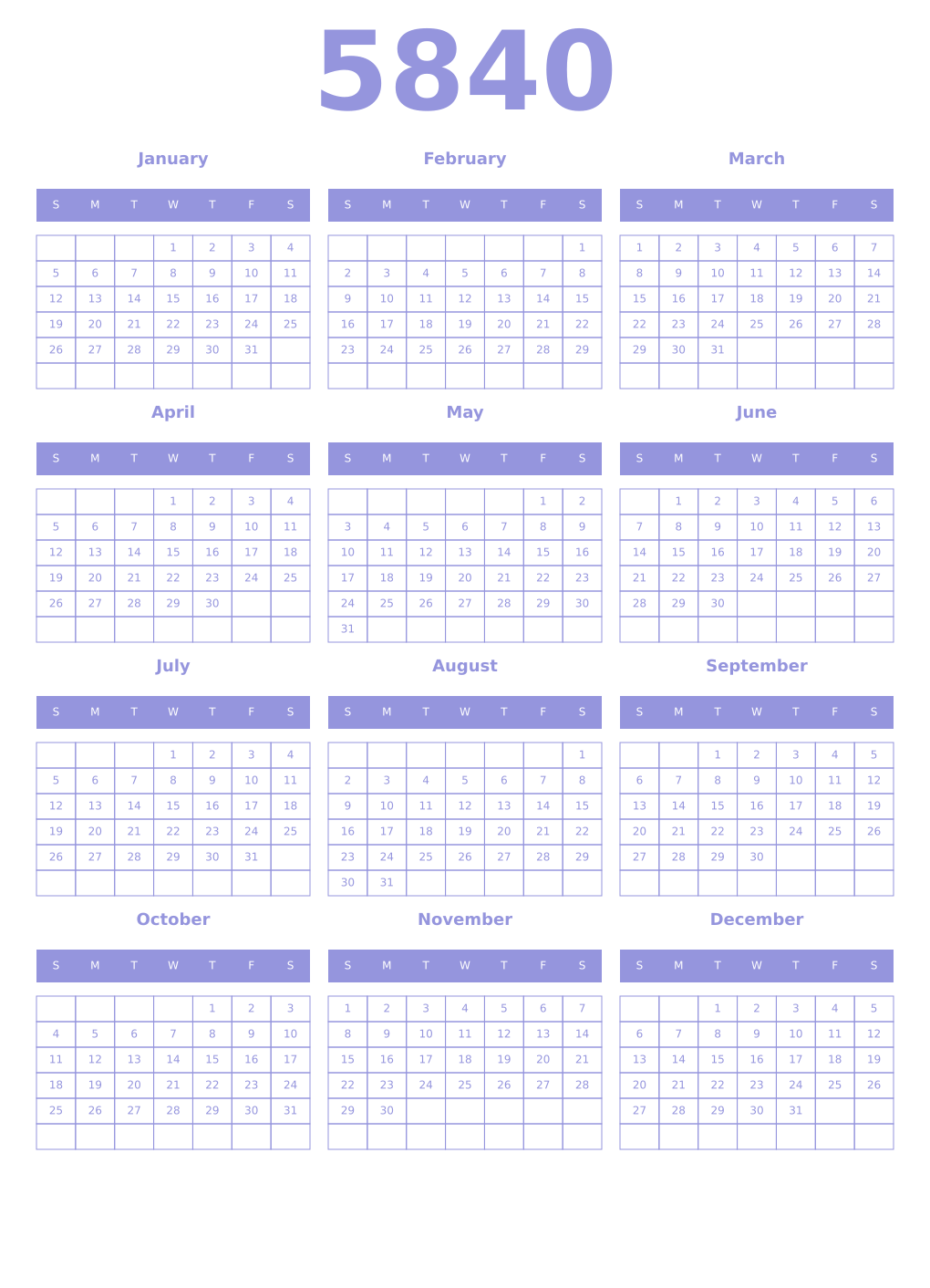 Printable 5840 Year Calendars periwinkle