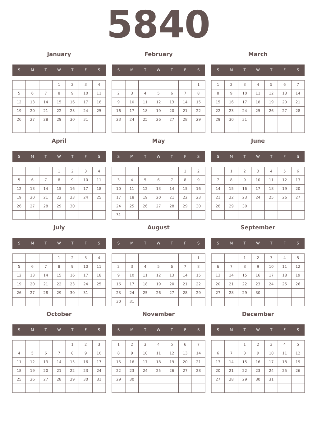 Printable 5840 Year Calendars wenge