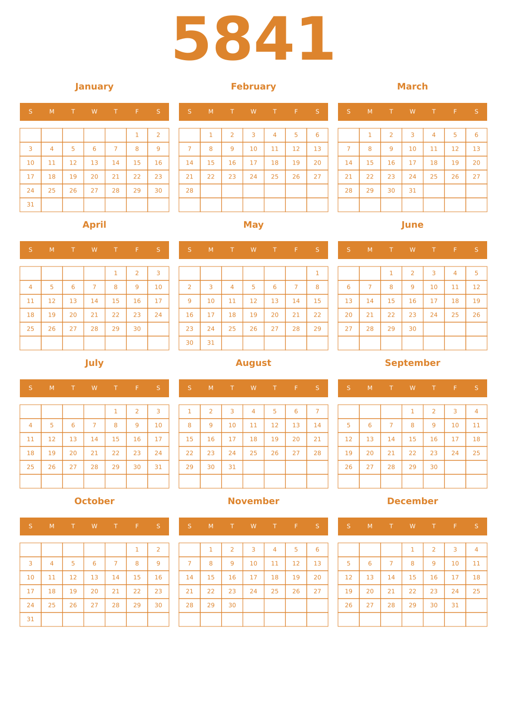 Printable 5841 Year Calendars orange