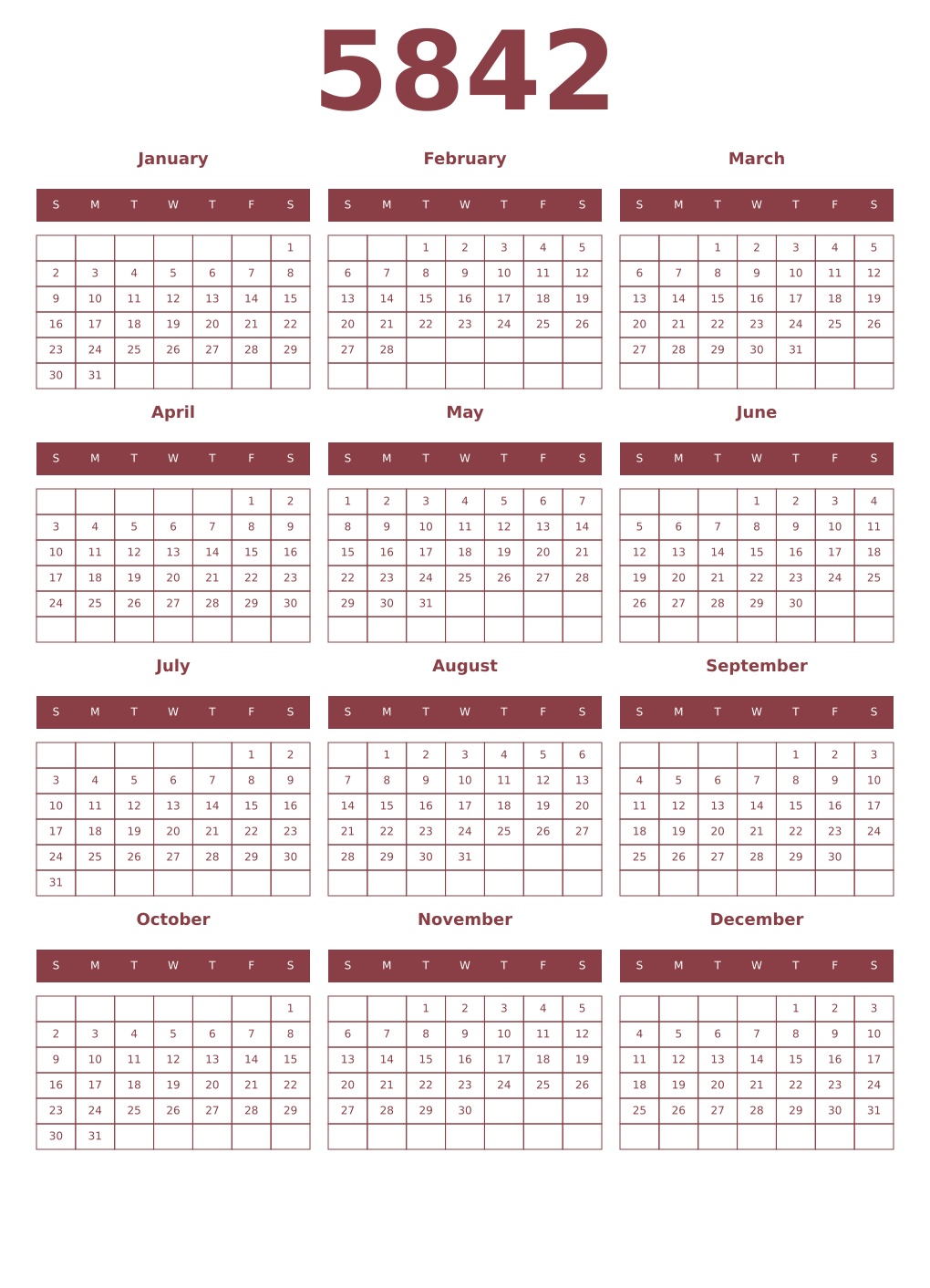 Printable 5842 Year Calendars cordovan