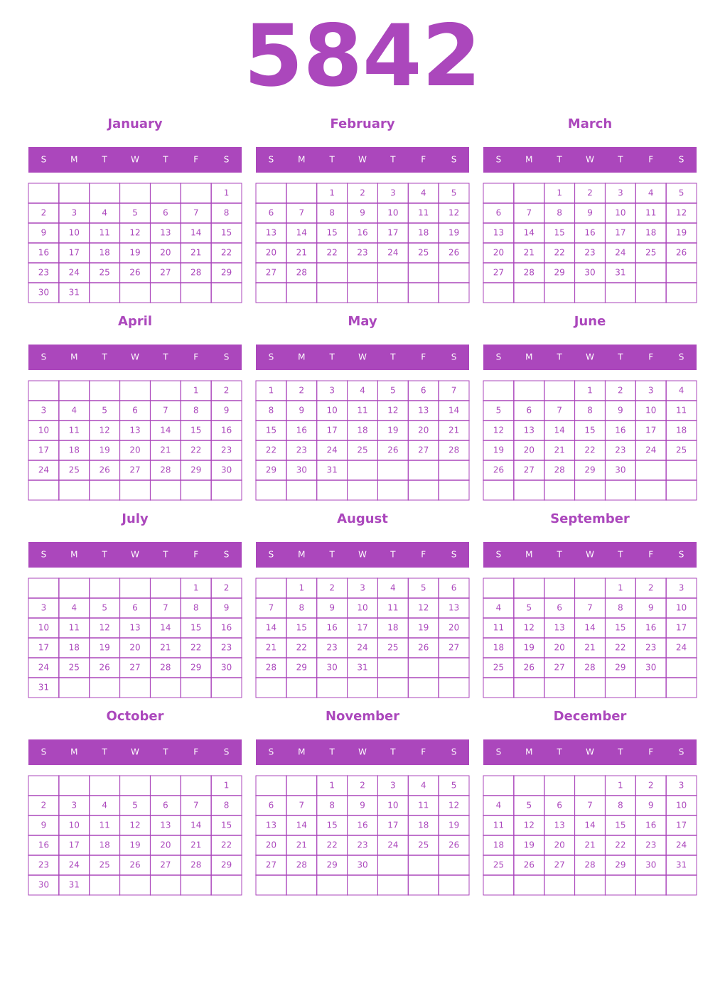 Printable 5842 Year Calendars purple