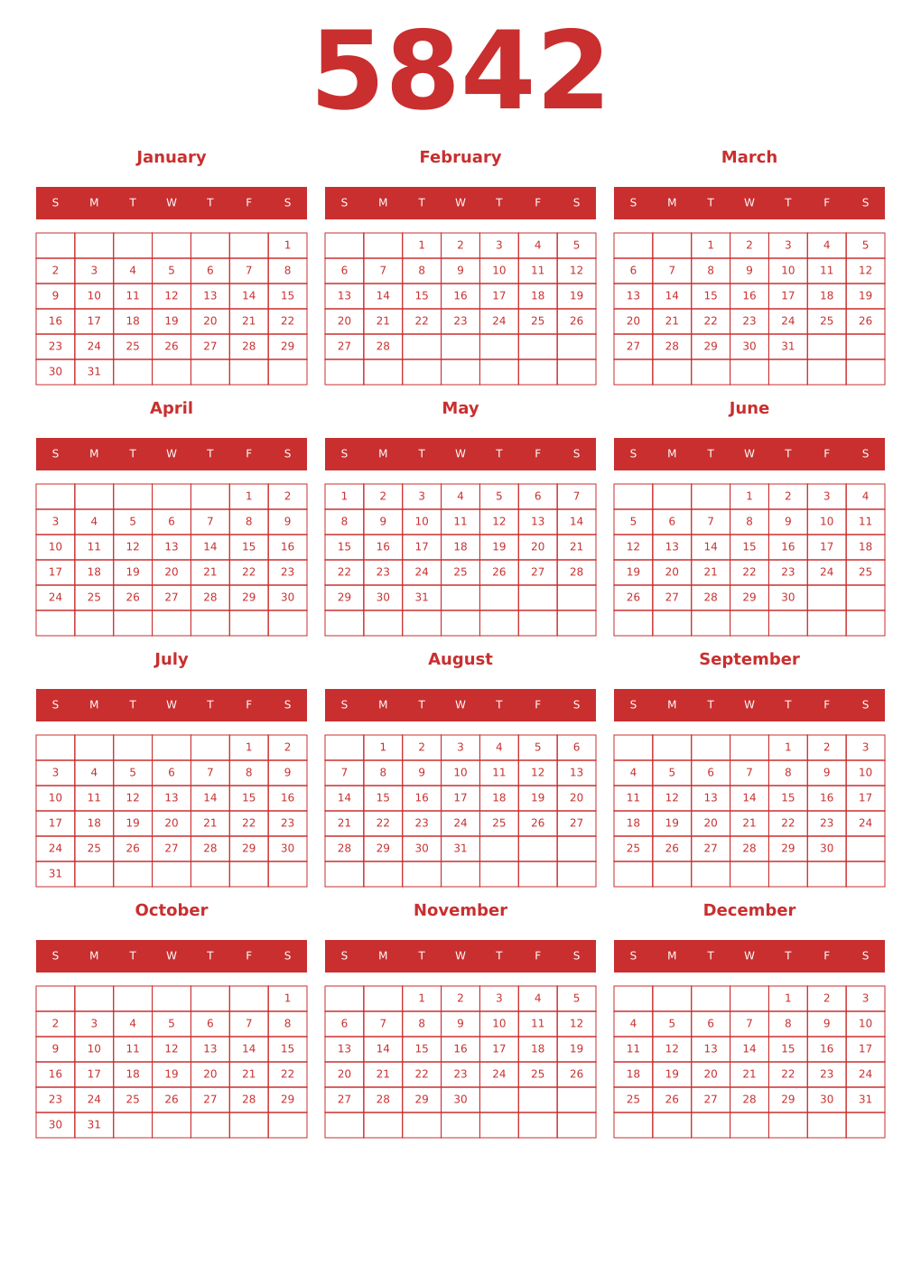 Printable 5842 Year Calendars red