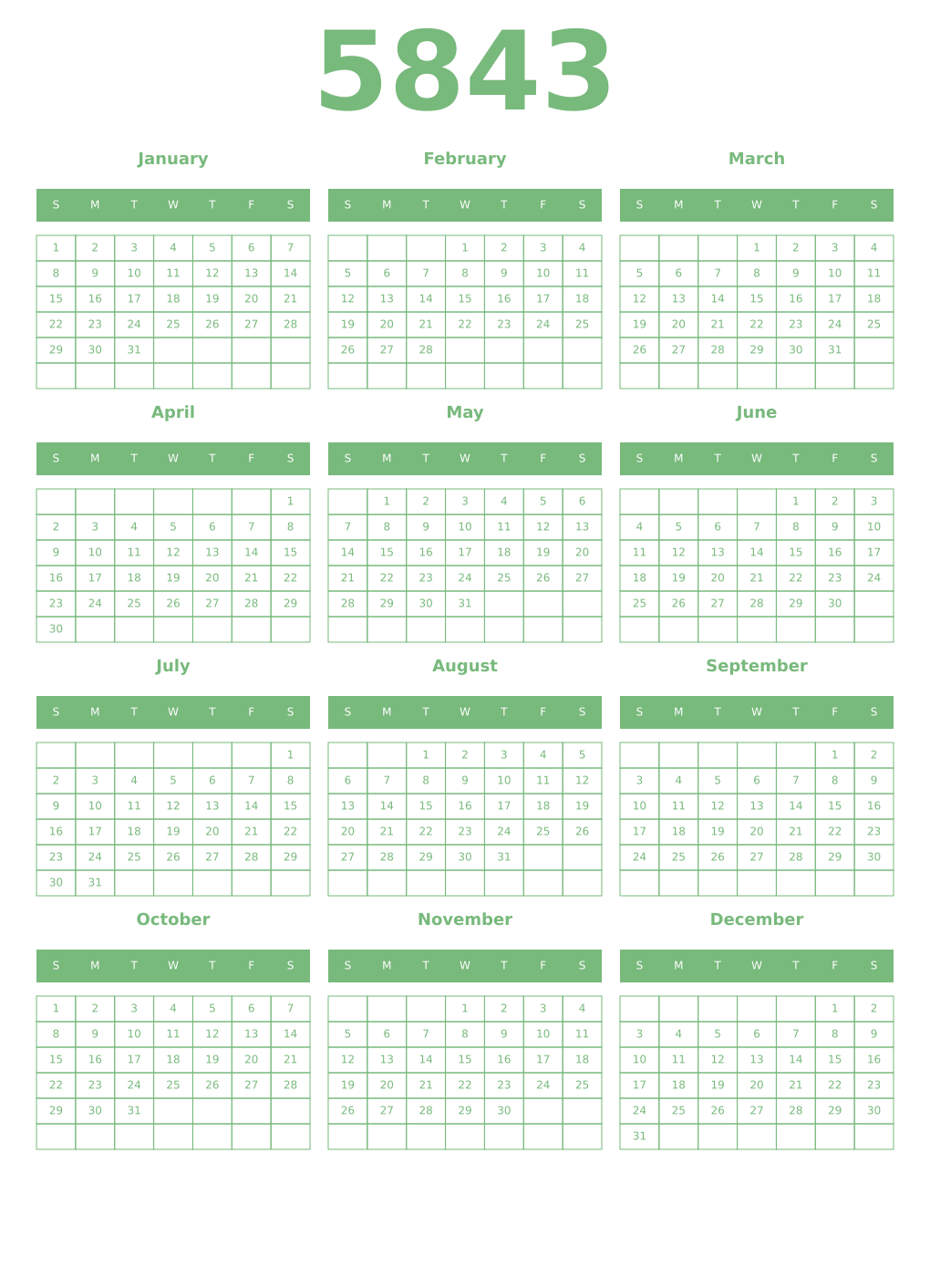 Printable 5843 Year Calendars celadon