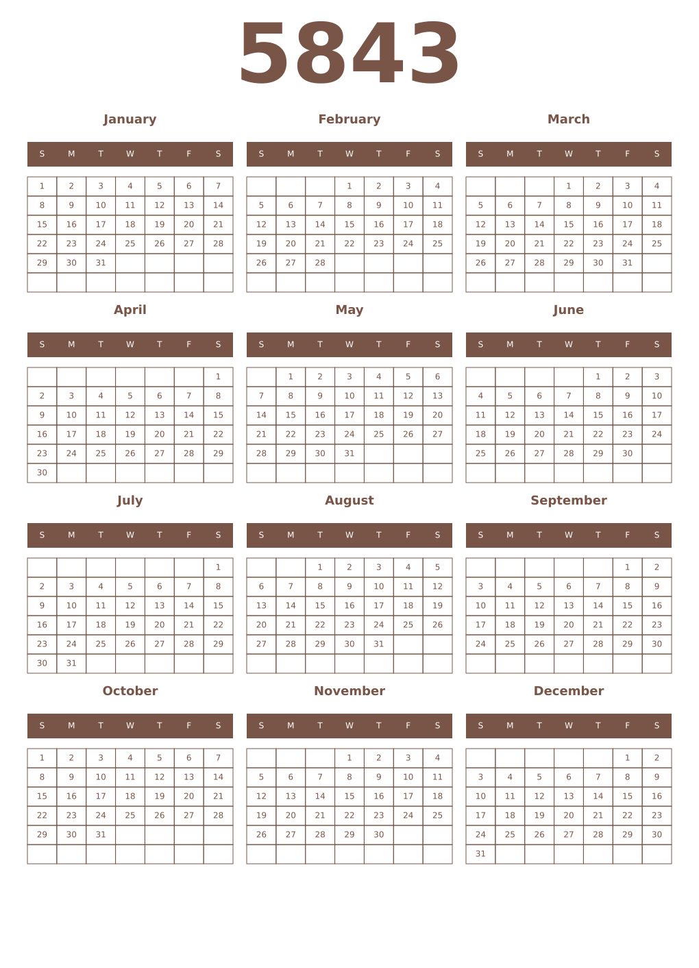 Printable 5843 Year Calendars coffe
