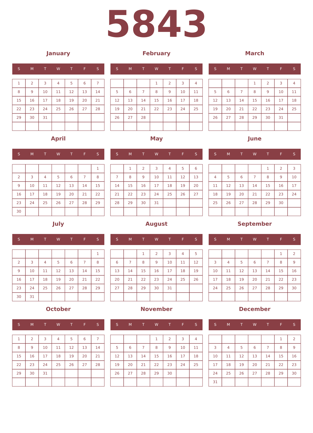 Printable 5843 Year Calendars cordovan