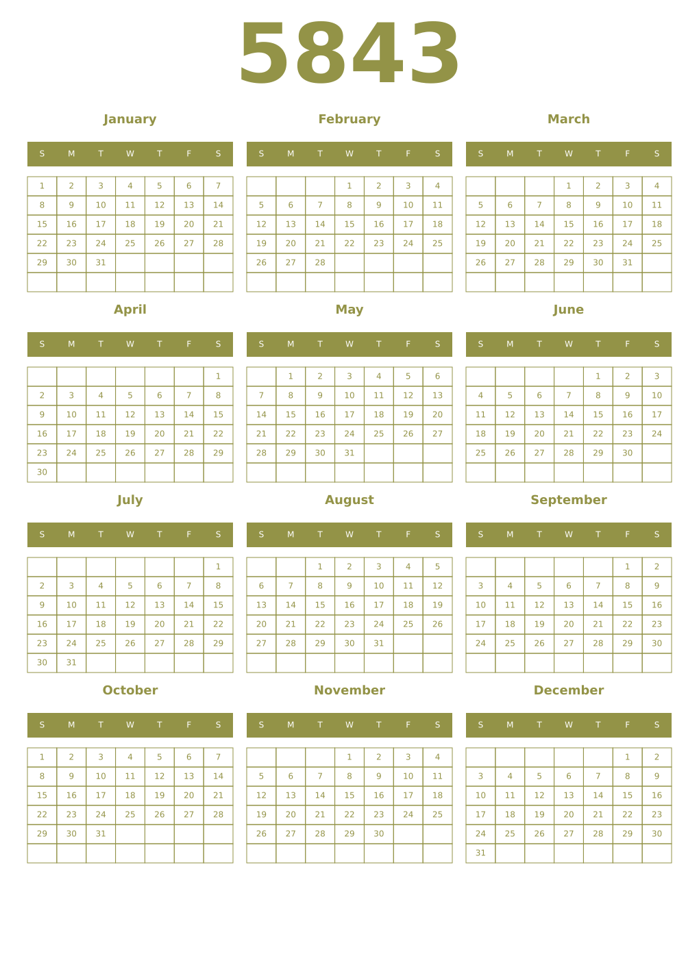 Printable 5843 Year Calendars eburnean