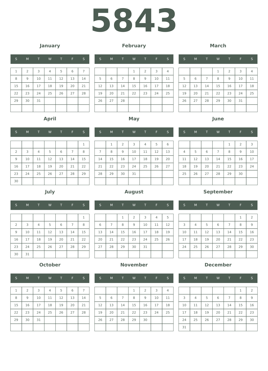 Printable 5843 Year Calendars feldgrau