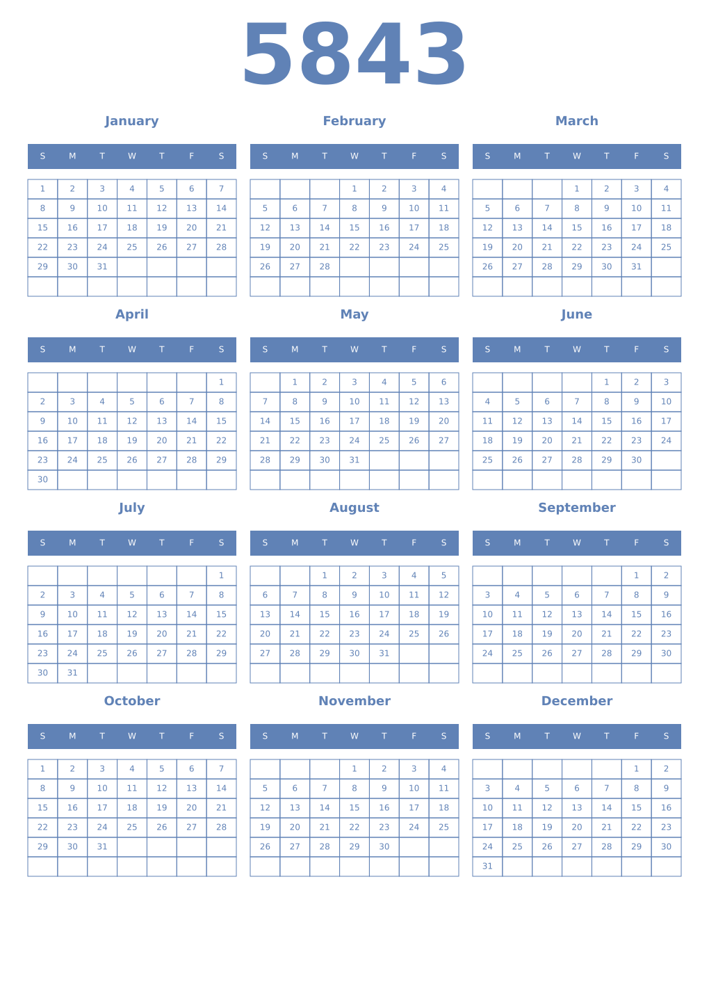 Printable 5843 Year Calendars glaucous