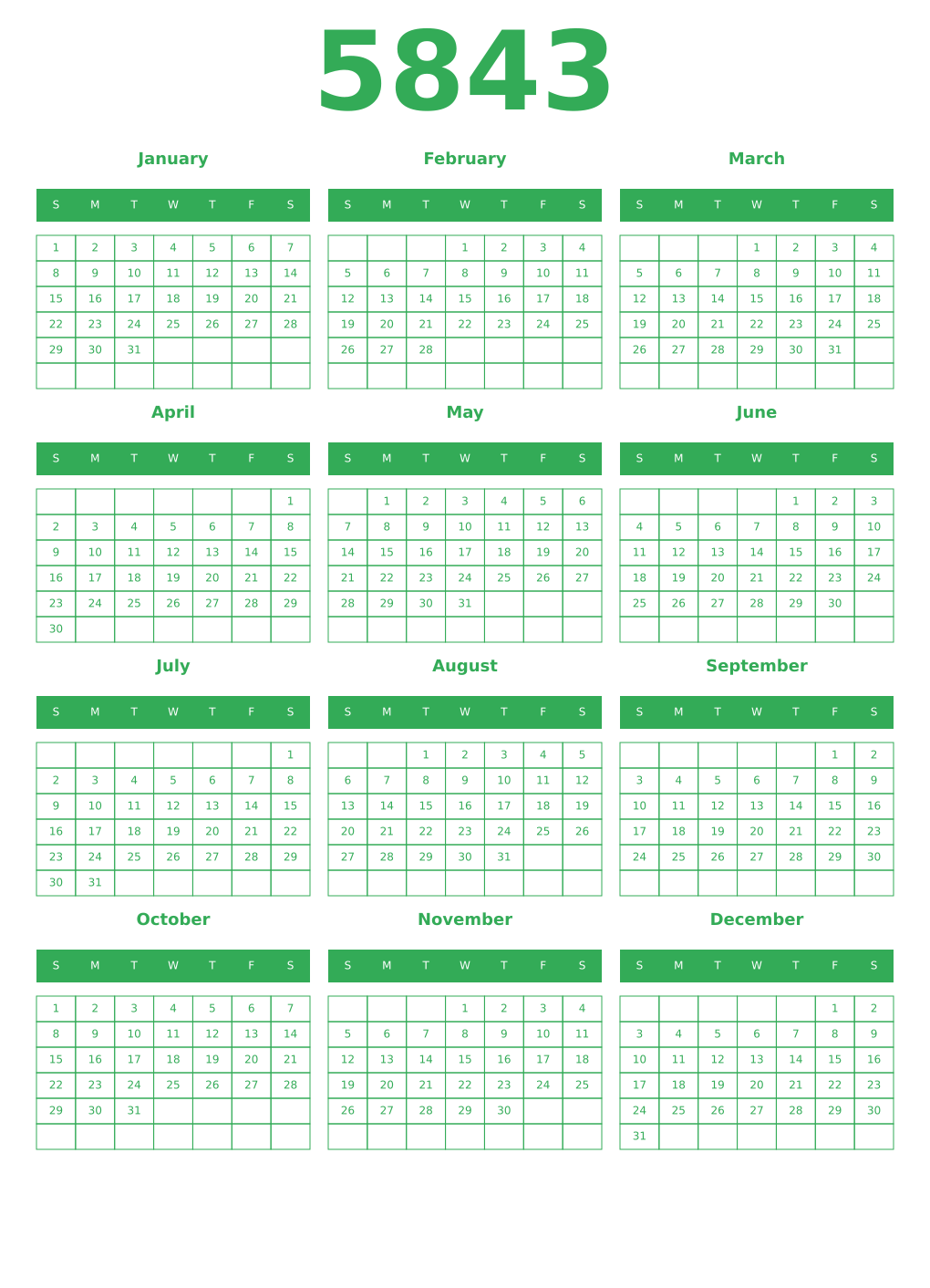Printable 5843 Year Calendars green