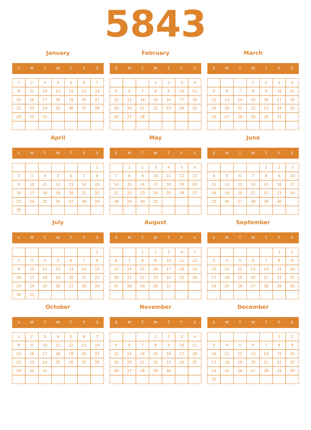 Printable 5843 Year Calendars orange