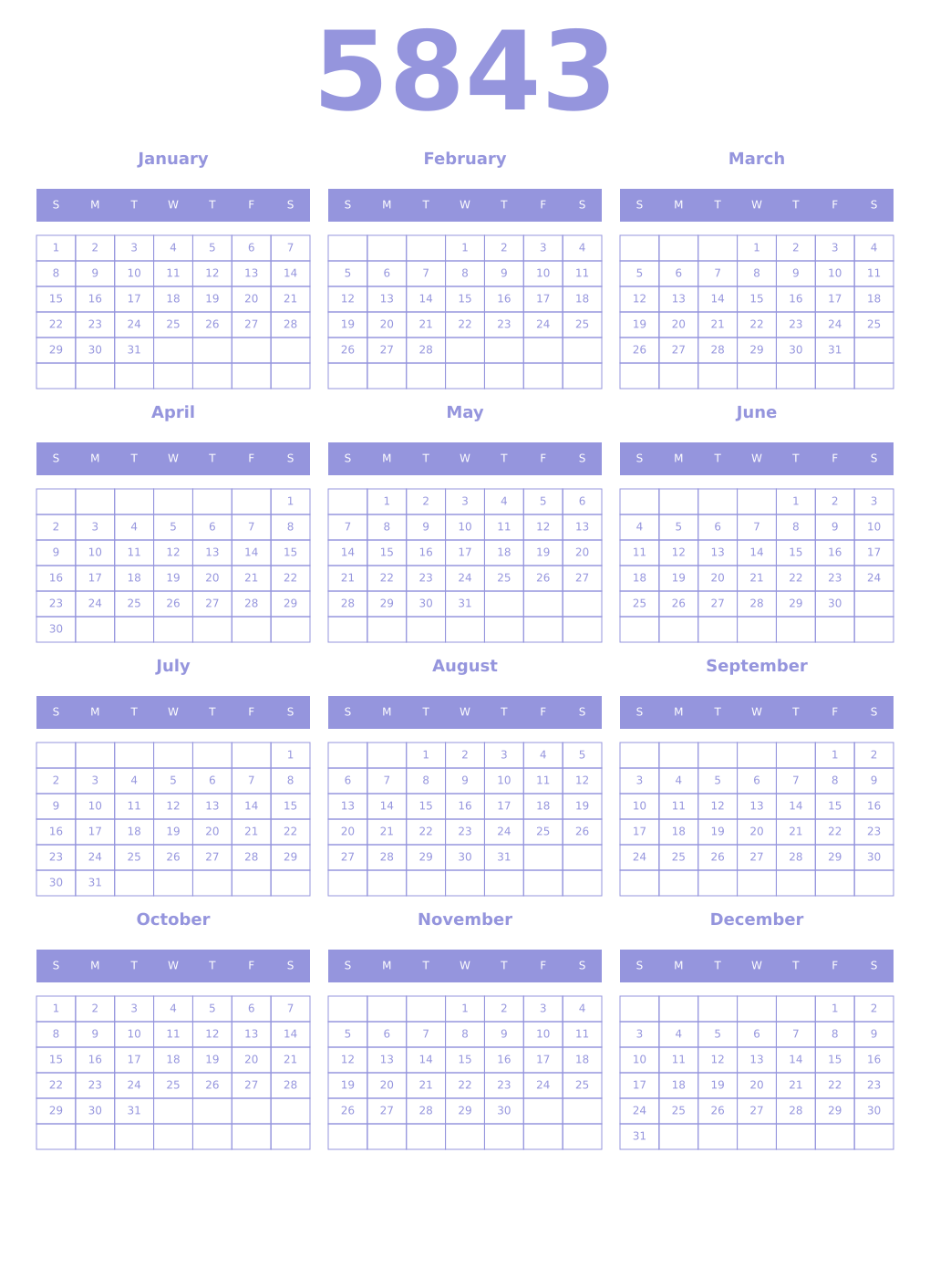 Printable 5843 Year Calendars periwinkle