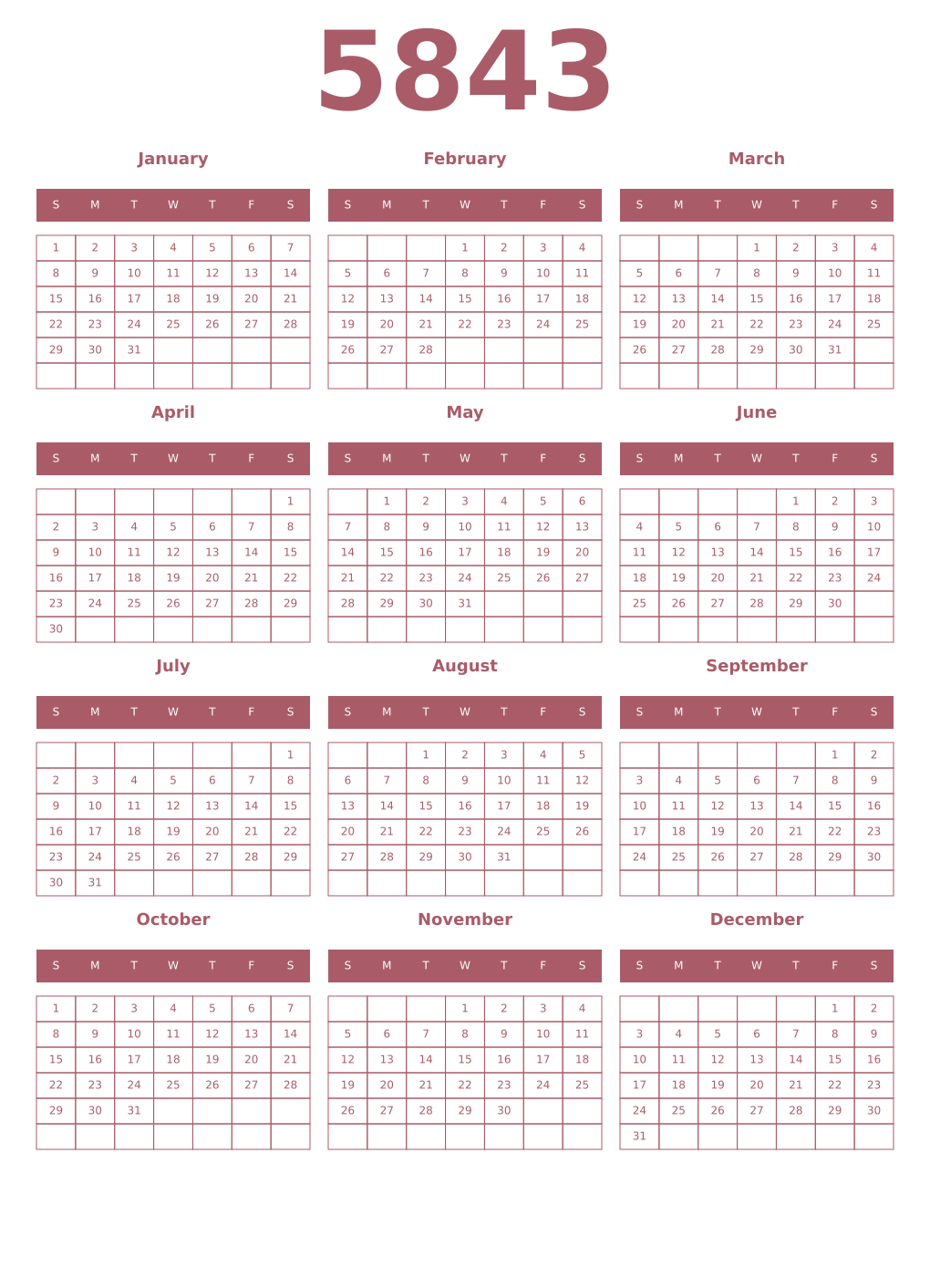 Printable 5843 Year Calendars puce