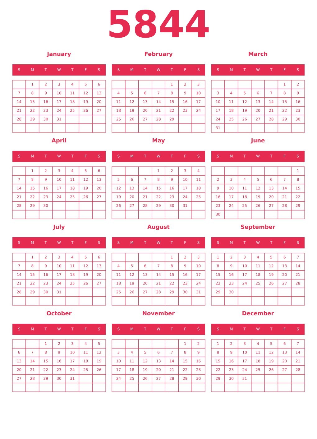Printable 5844 Year Calendars amaranth