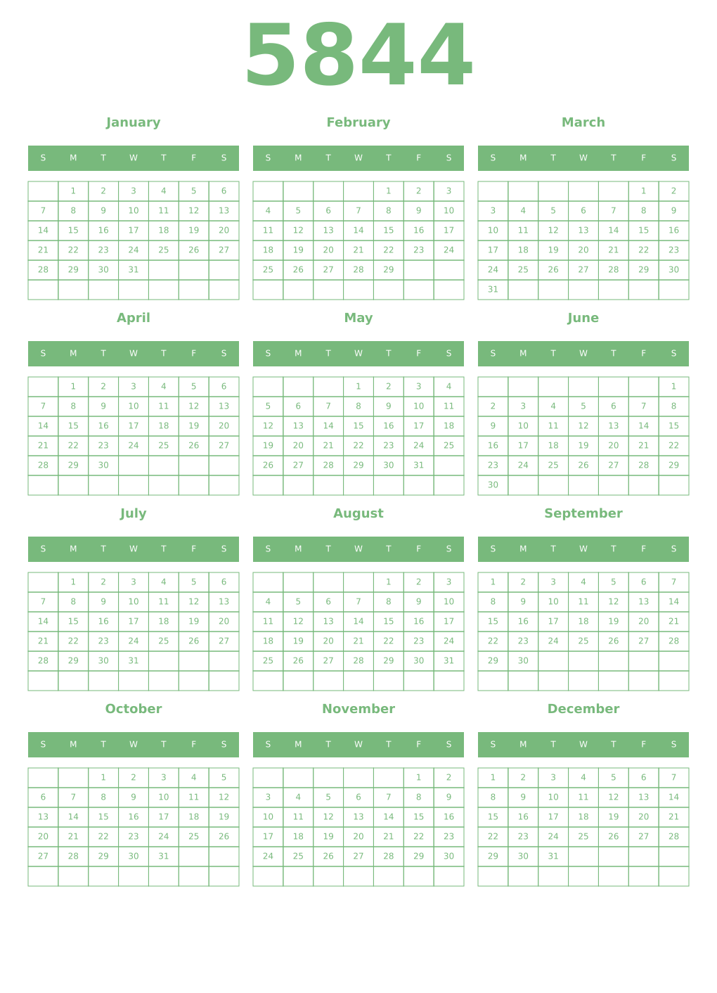 Printable 5844 Year Calendars celadon