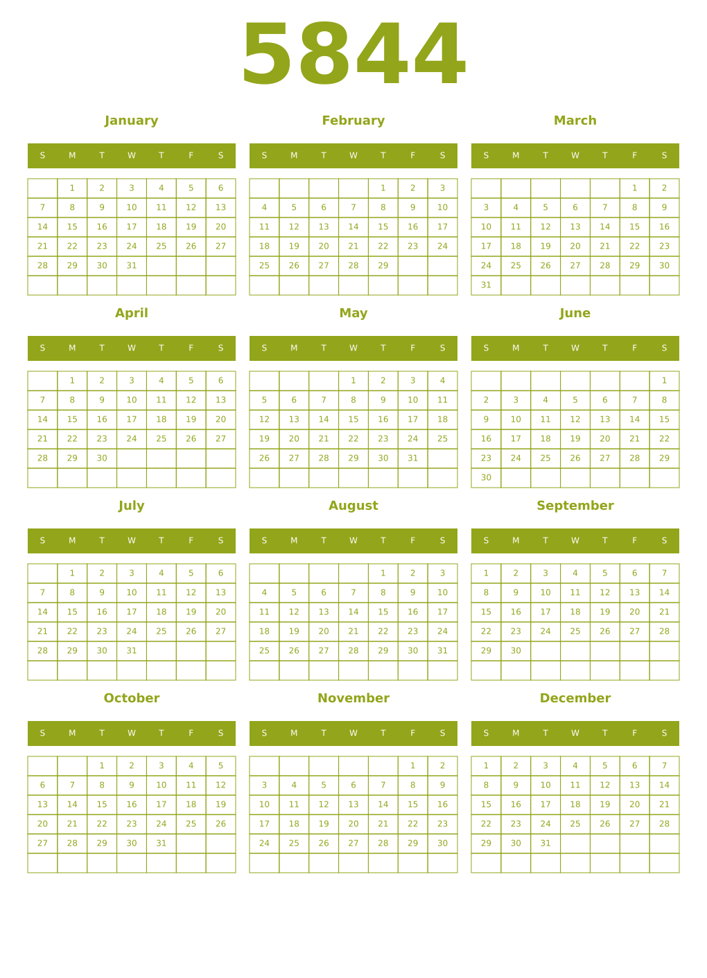Printable 5844 Year Calendars chartreuse