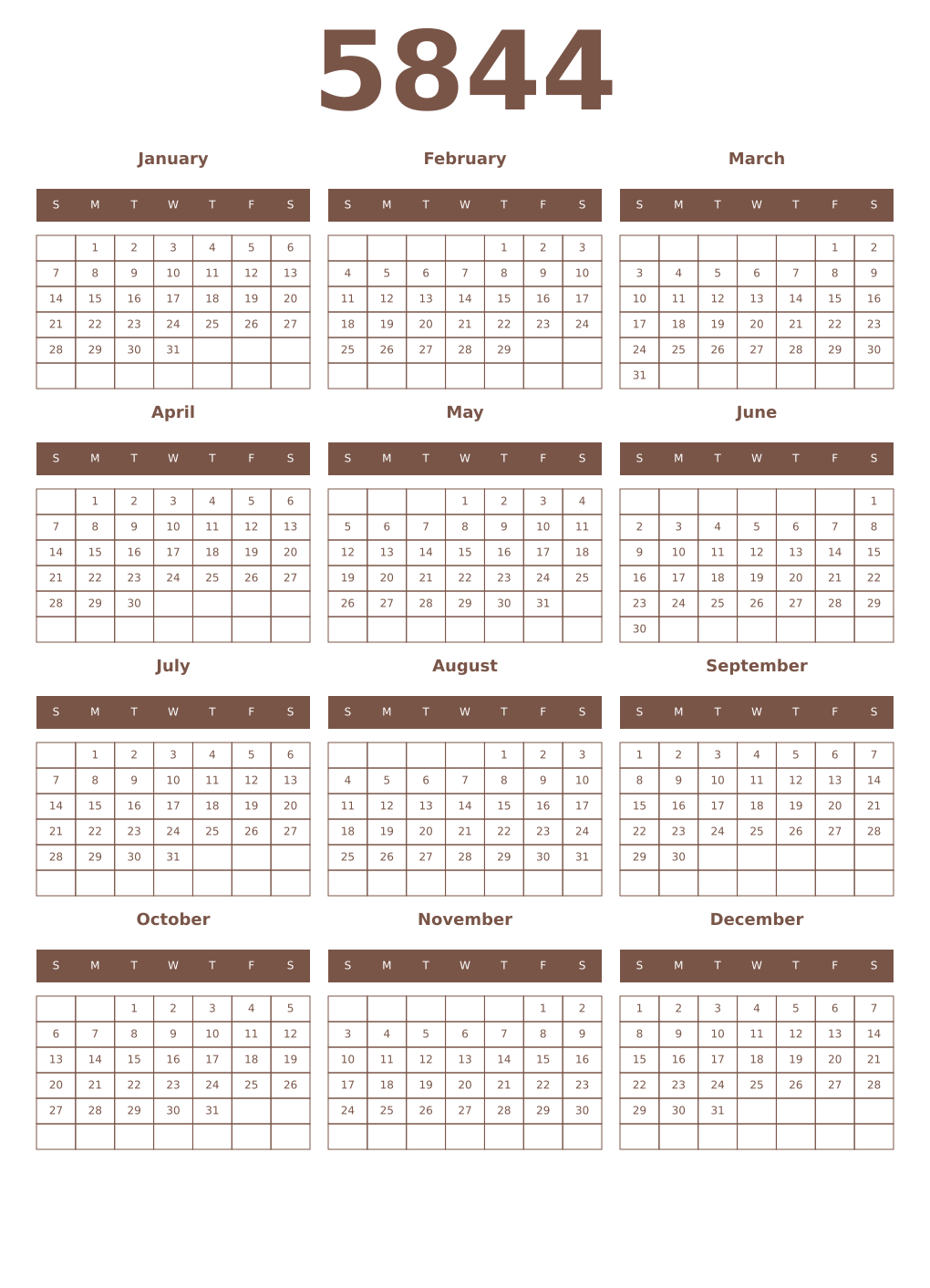 Printable 5844 Year Calendars coffe