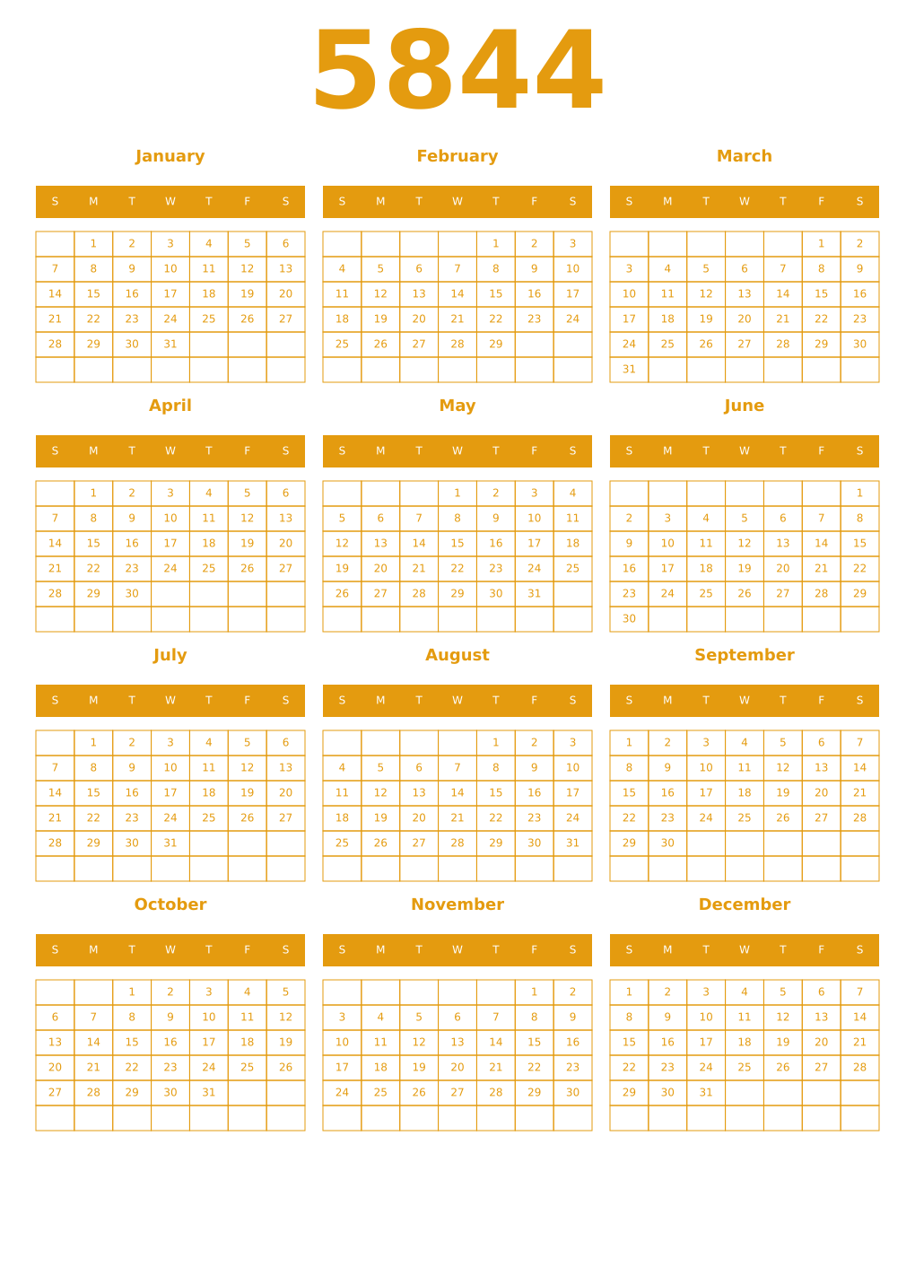 Printable 5844 Year Calendars gamboge