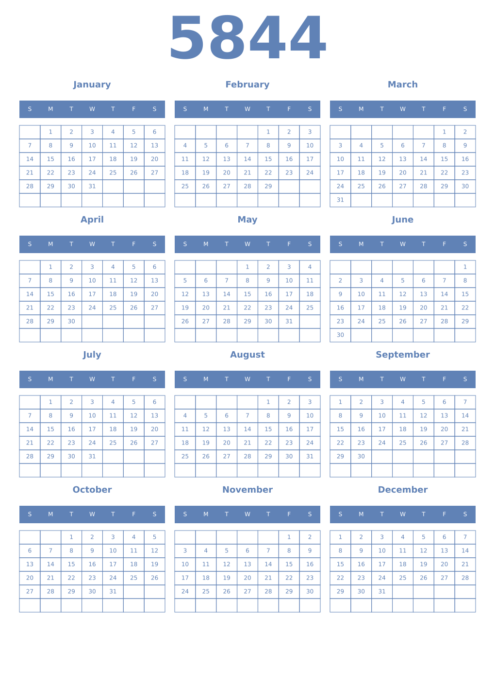 Printable 5844 Year Calendars glaucous