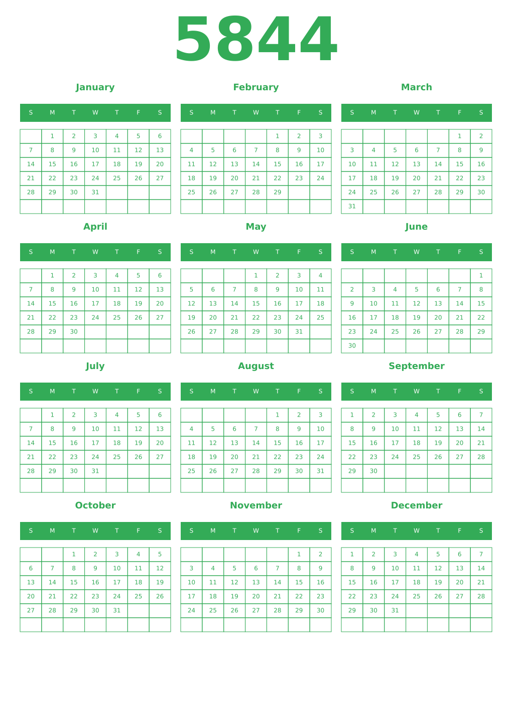 Printable 5844 Year Calendars green