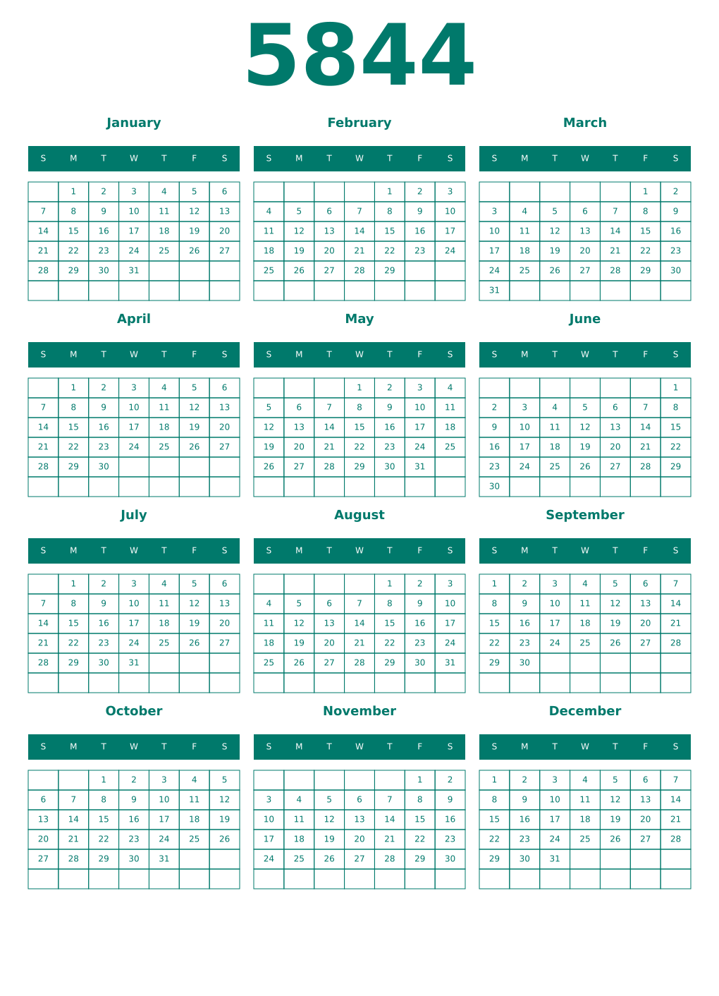 Printable 5844 Year Calendars pastel