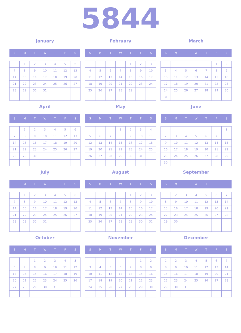 Printable 5844 Year Calendars periwinkle