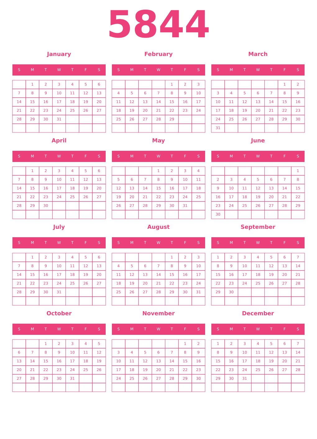 Printable 5844 Year Calendars pink