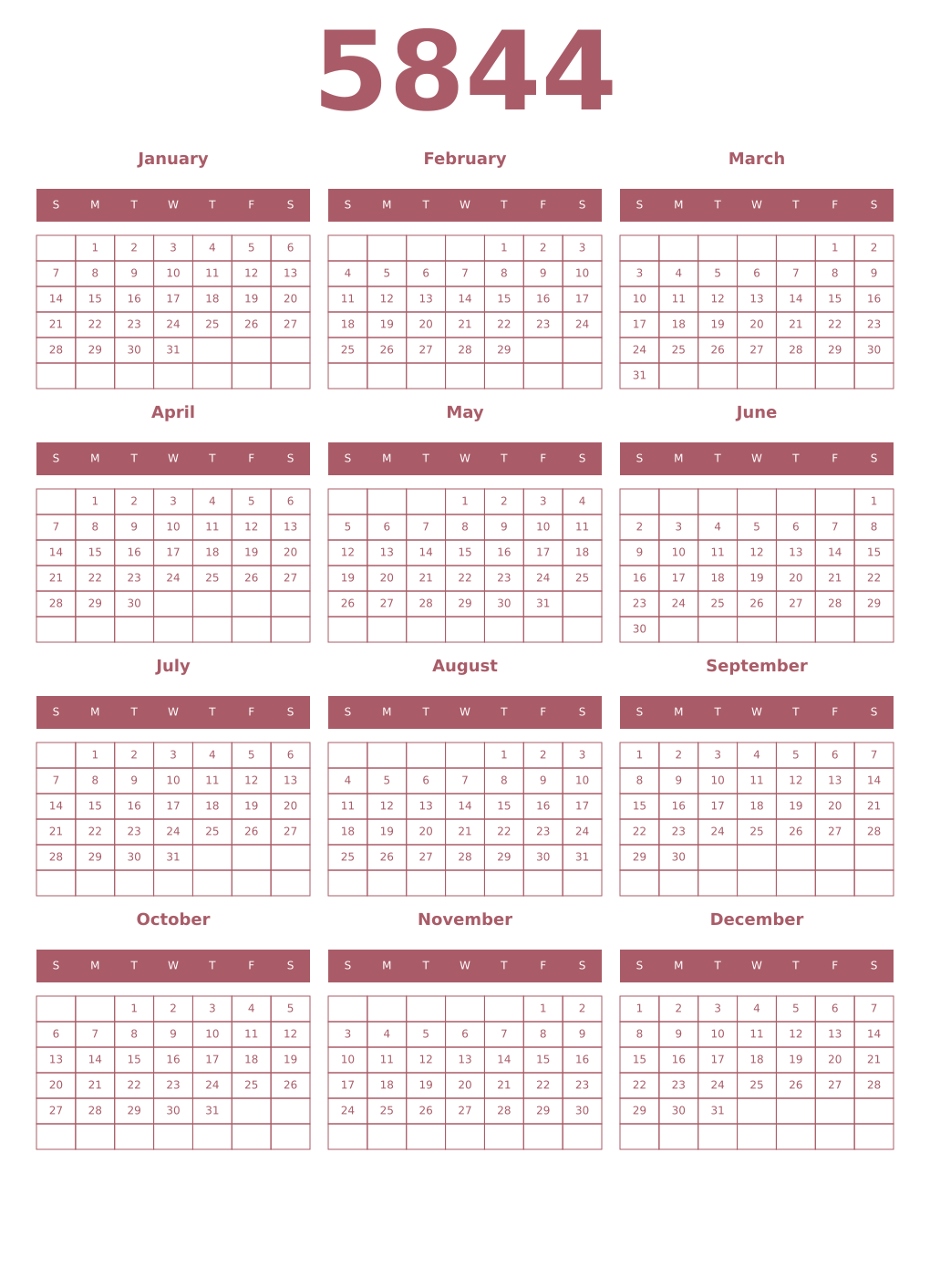 Printable 5844 Year Calendars puce