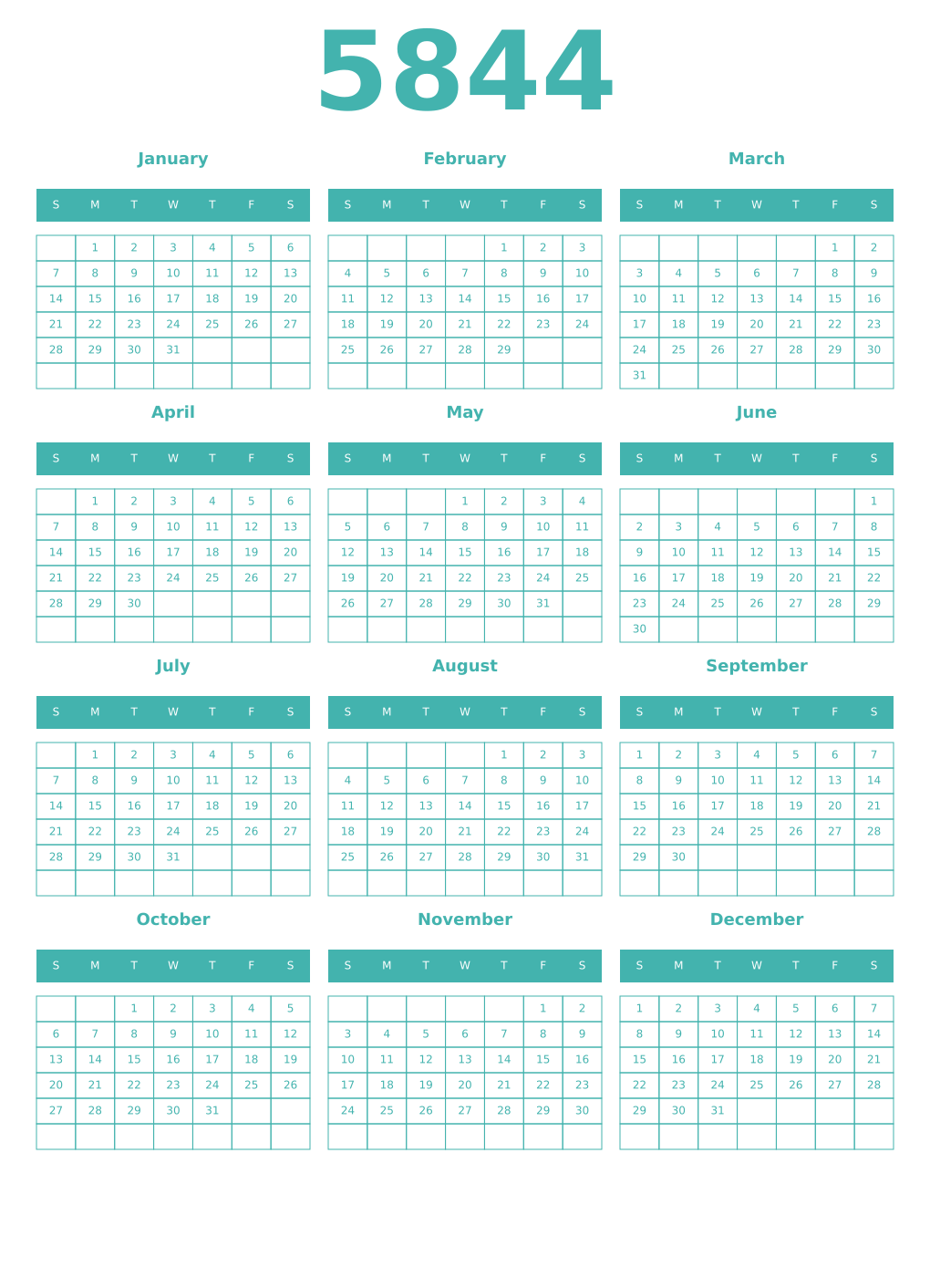 Printable 5844 Year Calendars verdigris