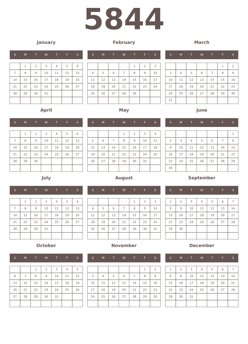 Printable 5844 Year Calendars wenge