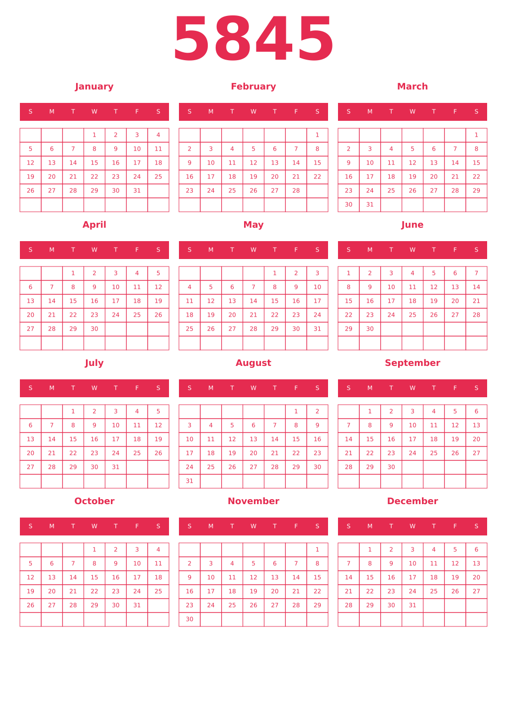 Printable 5845 Year Calendars amaranth