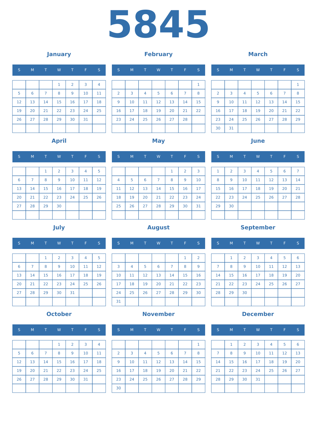 Printable 5845 Year Calendars blue